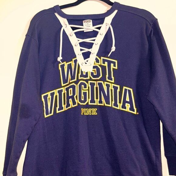 PINK Victoria's Secret Tops - Victoria secret pink WVU mountaineers long sleeve lace up v neck top size xs
